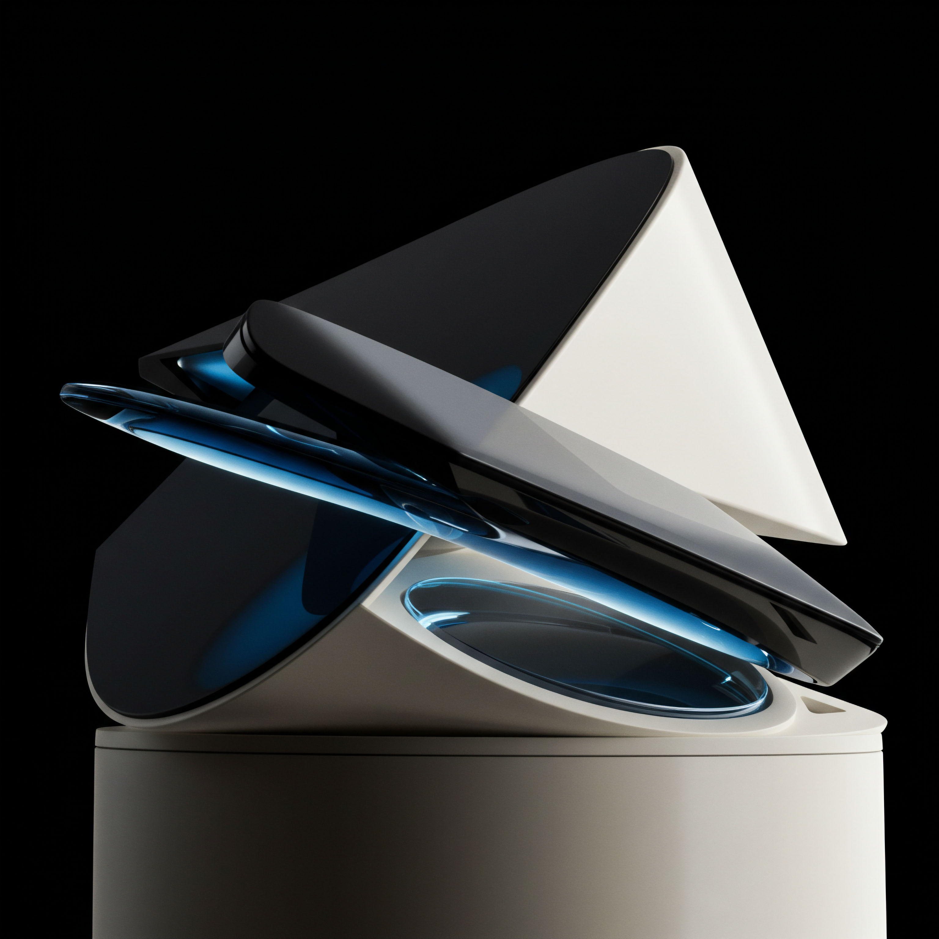 This abstract composition visually manifests the layered complexity of leveraged synthetic positions. The foundational cylindrical base supports a geometrically fragmented superstructure featuring opaque black, creamy white, and luminous electric blue planar elements intersecting at sharp angles. It conceptualizes the delicate balancing act required in managing option Greeks exposure across volatile crypto assets. The glowing blue arcs suggest underlying liquidity pools or perhaps the excitation layer of smart contract execution governing margin requirements and collateralization ratios. This structure models the interplay between delta hedging, gamma risk realization, and the continuous settlement mechanisms inherent in perpetual futures or structured products settled against diverse underlying digital assets, emphasizing robust infrastructure for capital efficiency in DeFi options markets.