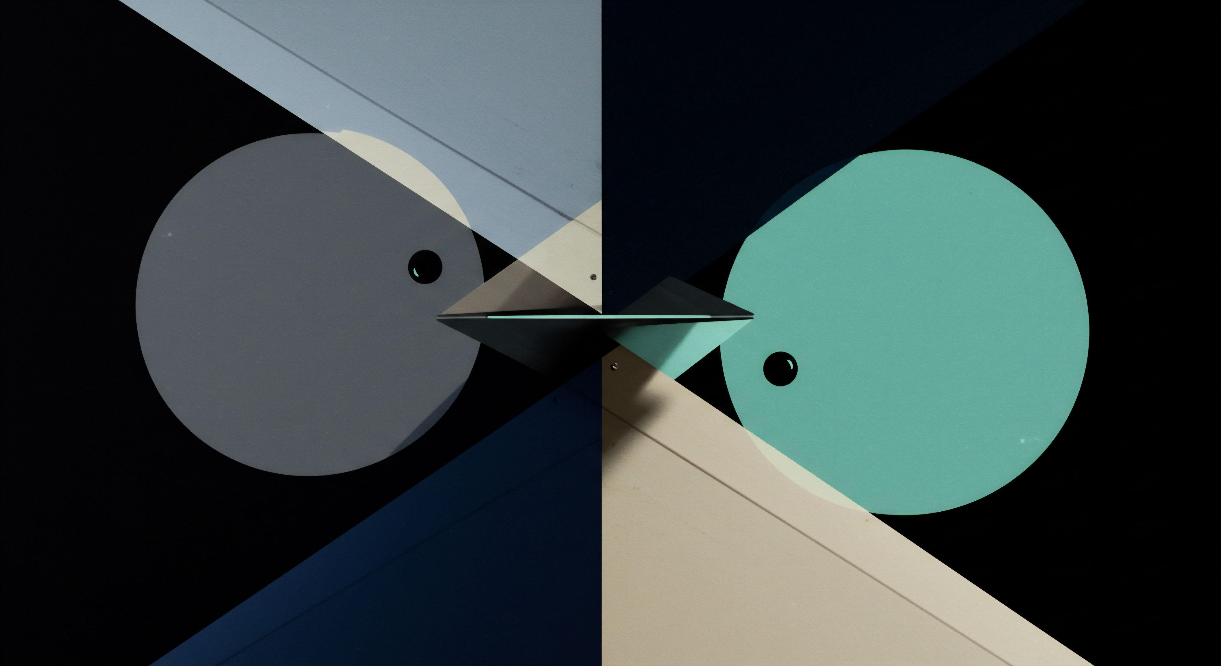 This abstract composition presents a symmetrical bifurcation suggesting paired liquidity pools or counterparty risk exposure across a central ledger demarcation. Two opposing circular nodes, one muted slate gray and the other verdigris teal, flank a sharp, horizontally bisected central structure resembling a specialized quantum tunneling mechanism for atomic swaps or atomic settlement layers. Each node features a distinct dark droplet symbolizing transaction fees or slippage metrics, overlaid on a background segmented by sharp geometric planes of deep indigo, pale beige, and absolute black, mirroring the binary nature of blockchain state transitions. The visual dichotomy evokes the delicate balance required in algorithmic market making strategies concerning options delta hedging across uncorrelated crypto asset pairs, specifically referencing synthetic asset creation and collateralized debt positions within DeFi primitives like perpetual swaps funding rate mechanics.
