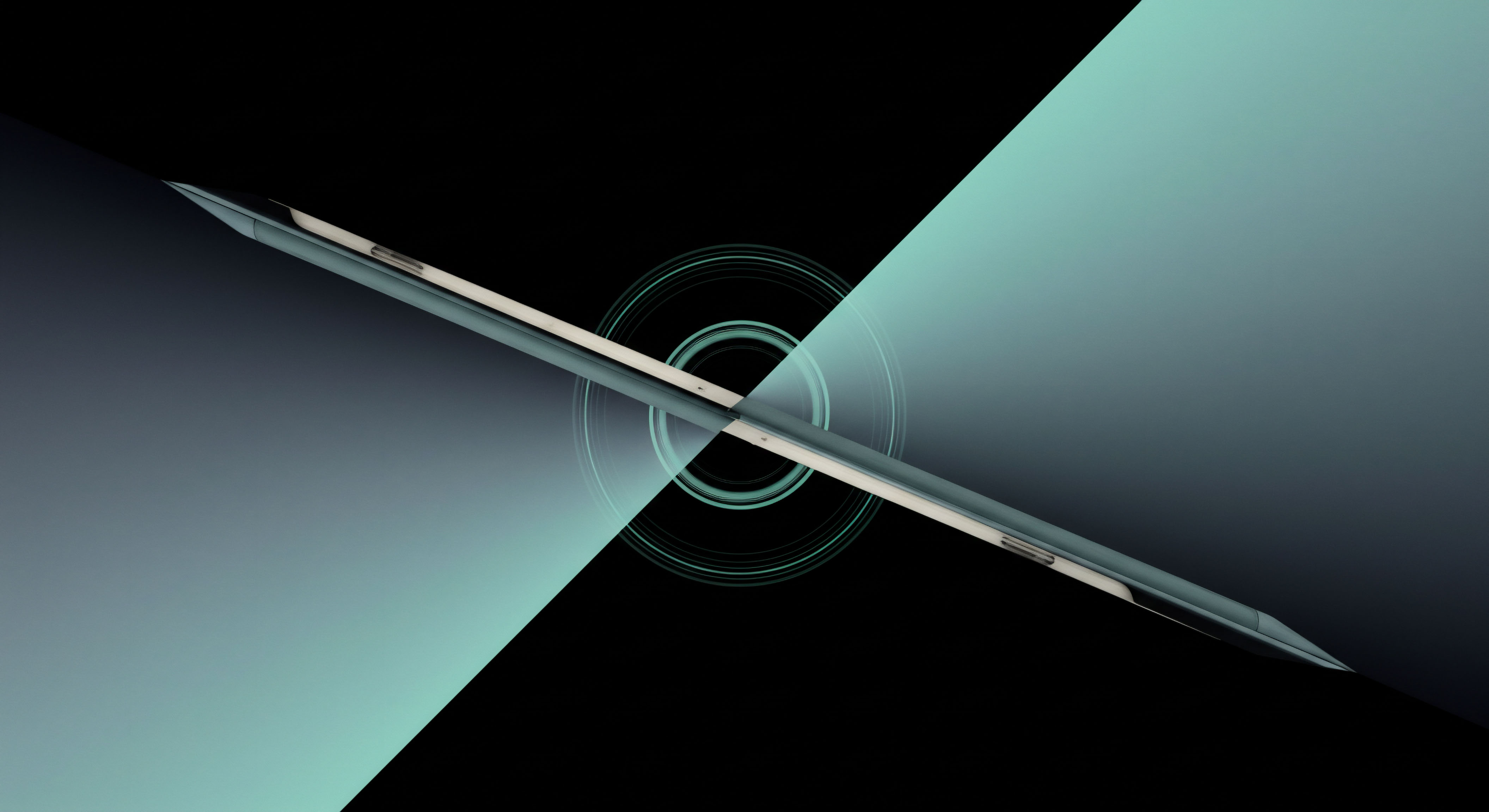 A sleek, diagonally bisected metallic object traverses a deep black field starkly divided by cyan-teal gradients suggesting opposing market forces. Concentric cyan rings pulse around the central axis, symbolizing atomic transaction verification or perhaps the underlying blockchain ledger structure. This visual dichotomy strongly evokes the continuous tension between centralized exchange liquidity pools and permissionless DeFi protocol execution environments. The sharp edges suggest slippage minimization inherent in robust execution venues optimizing for low latency quote-to-trade ratios. The symmetry hints at arbitrage opportunities across synthetic asset replication mirroring complex option strategies on-chain, managing counterparty risk through automated smart contract escrow mechanisms. This aesthetic embodies secure custody transition within layered consensus mechanisms.