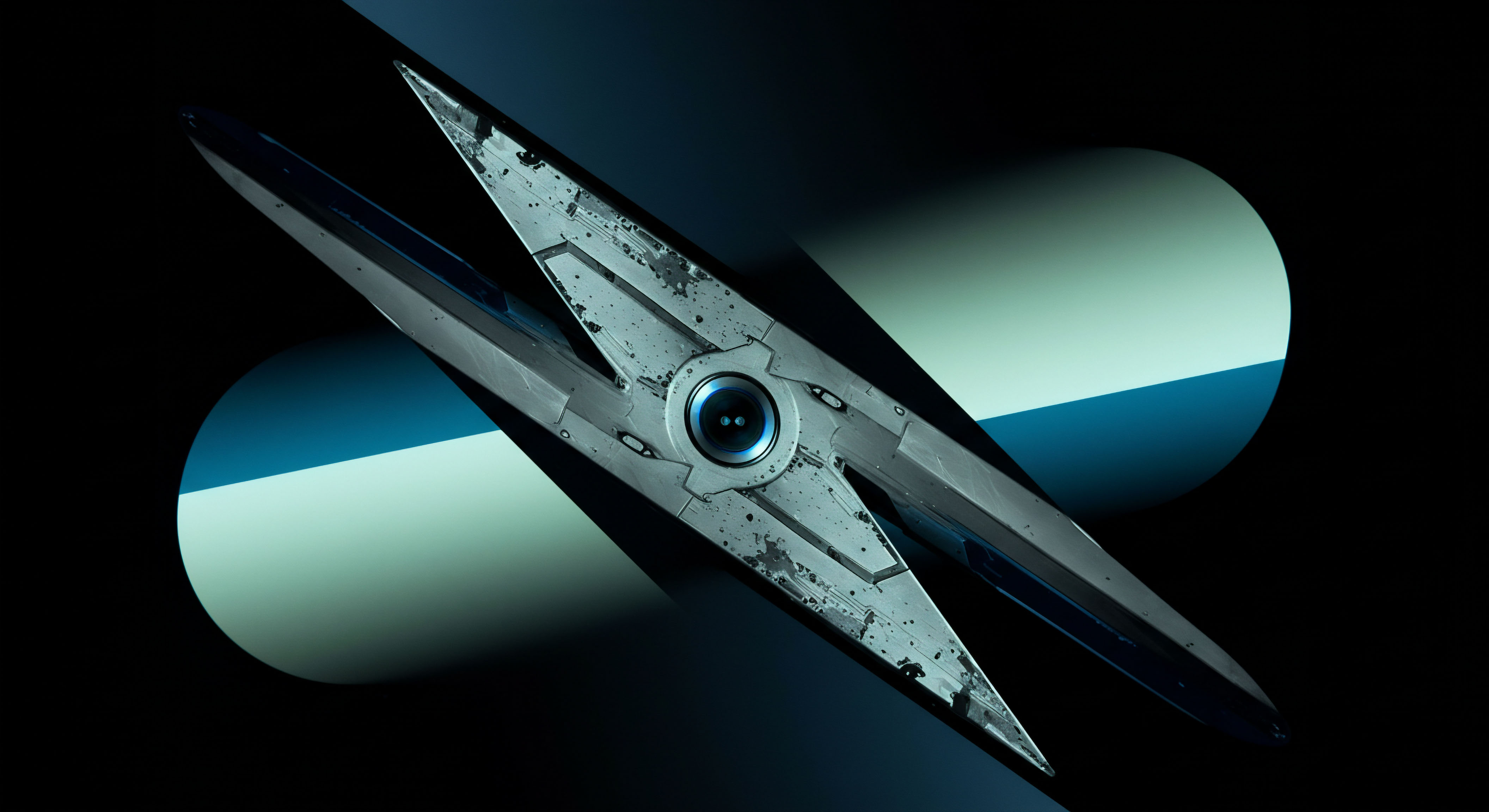 This abstract representation depicts a sharply angled, metallic, centrally focused device exhibiting significant surface wear indicative of strenuous operational history. The dual opposing arms converge on a luminous optical core suggestive of surveillance or a central execution node, embodying the inherent volatility and asymmetrical risk profile common in perpetual futures contracts. The background features soft, large, cyan and teal cylindrical gradients contrasting the sharp structure, mirroring liquidity pool dynamics or perhaps the controlled descent of an options premium nearing expiration. This design metaphorically captures the precision required for managing basis risk and navigating oracle manipulation within DeFi collateralization schemes, particularly concerning high-frequency market microstructure observations on Layer 2 solutions.