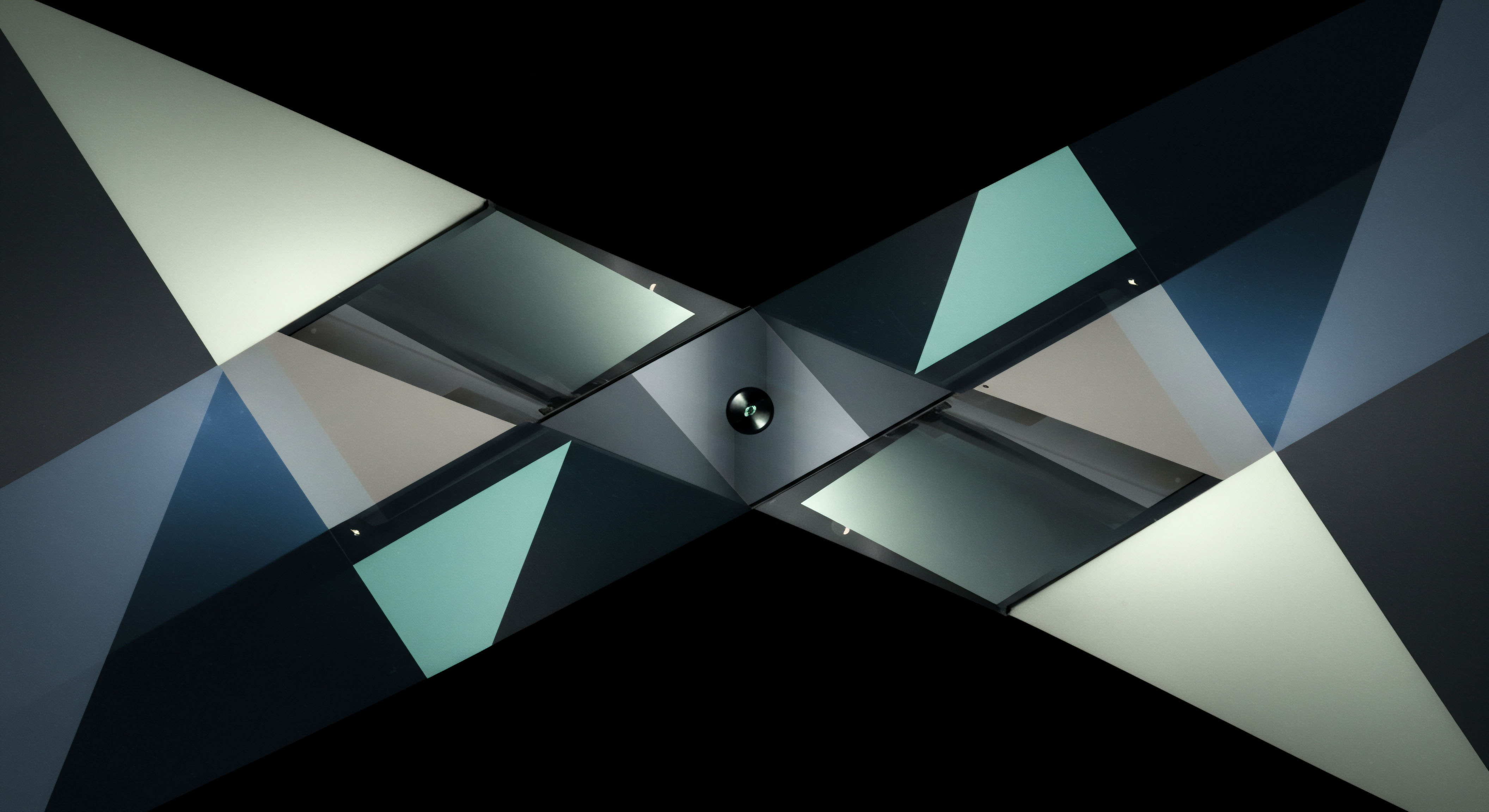 The visual field displays a symmetrical geometric structure, reminiscent of intersecting planes or multifaceted digital architecture, suggesting complex computational pathways within DeFi derivatives markets. Central convergence implies a critical execution node, perhaps referencing a liquidity pool terminus or a centralized clearing mechanism simulation. The interplay of muted teal, cream white, and deep slate gray panels reflects fluctuating market sentiment across various strike prices, indicative of implied volatility surfaces or term structure visualization. This aesthetic evokes concepts like options gamma exposure balancing across decentralized exchange order books and the precision required for effective synthetic asset structuring. Mastery of arbitrage opportunities within leveraged token exposures necessitates understanding these non-linear probability distributions across time decay parameters.