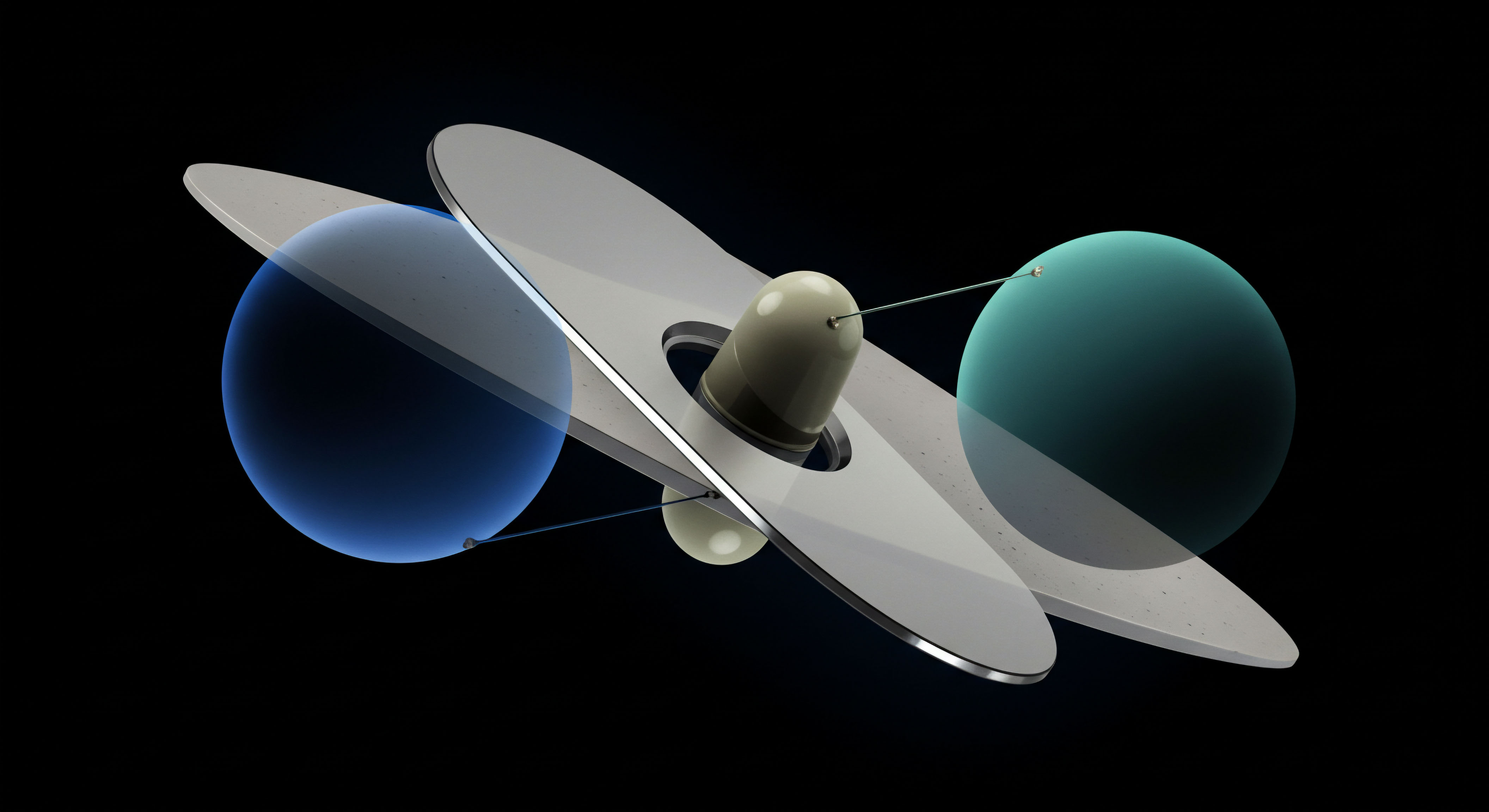 This visualization portrays a complex system model featuring a central spindle structure analogous to a decentralized autonomous organization governance token acting as a central clearing mechanism. Two distinct, large translucent spheres representing underlying volatile assets or synthetic instruments orbit this core, connected via fine tethers suggestive of margin calls or settlement streams. The planar, metallic structures radiating outward resemble elliptical contract surfaces or perhaps dynamically rebalancing portfolio allocations within a complex structured product architecture. This setup conceptually illustrates over-the-counter derivatives mechanisms stabilizing disparate asset pools through atomic swap facilitation and smart contract execution fidelity ensuring minimal slippage across volatile regimes employing delta hedging protocols. The dual asset representation emphasizes systemic risk mitigation crucial for perpetual futures market stability.