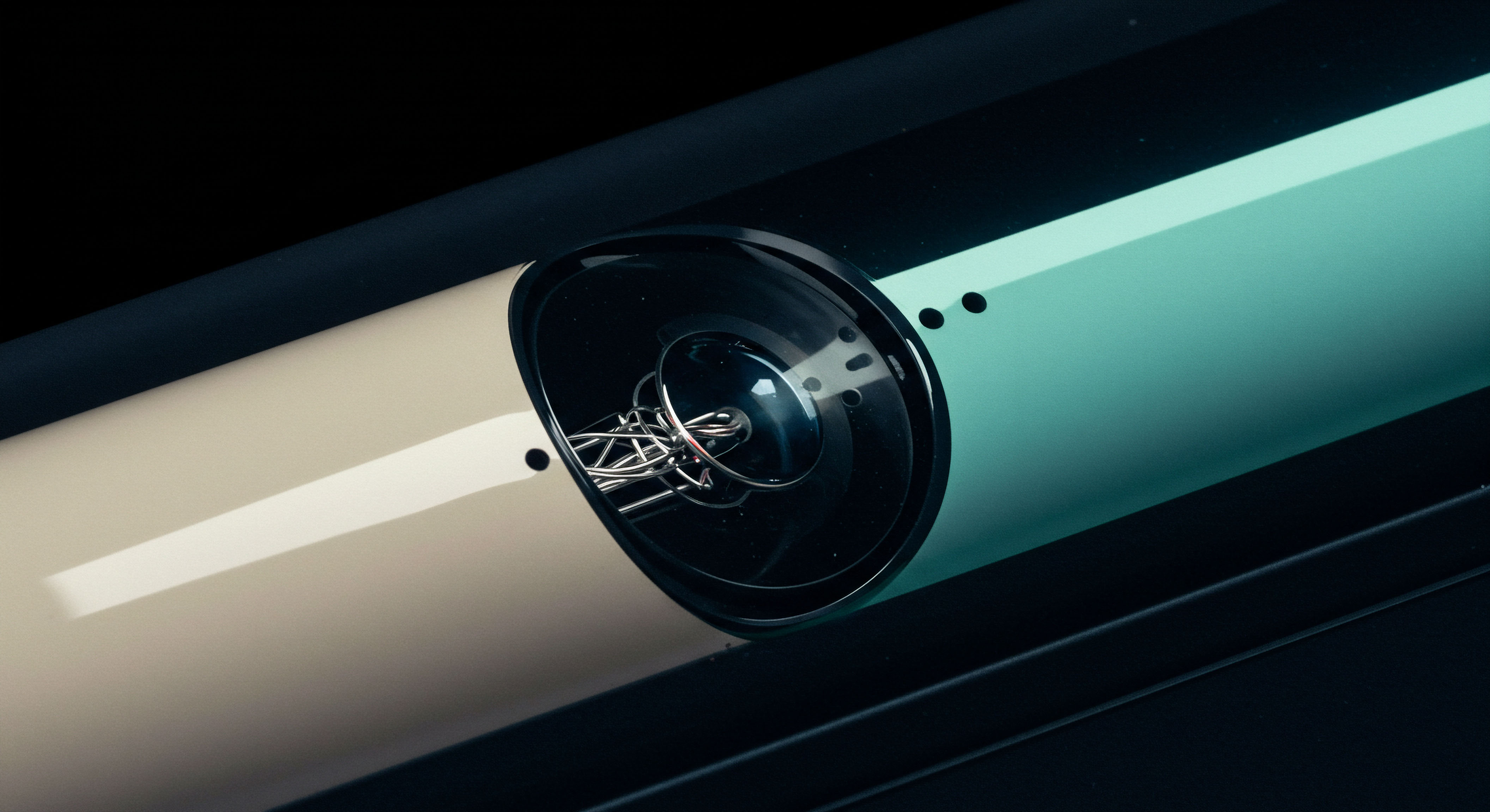 This close-up reveals a highly polished, bifurcated cylindrical structure bisected by a sharp geometric line, transitioning from an ivory beige to a vibrant cyanoid hue, suggesting segmented ledger states or diverse collateral pools within decentralized finance. At the nexus lies a dark, recessed aperture containing an intricately entwined network of fine metallic filaments, analogous to the complex internal mechanics of a high-frequency trading engine or the hashed structure underpinning a permissionless smart contract execution environment. The structure evokes the conceptual encapsulation of on-chain derivatives like perpetual futures or synthetic asset management, where underlying tangible or digital value is abstracted into a transparent yet robust financial instrument, managing systemic risk through deterministic block finality and maintaining optimal liquidity provisioning across asynchronous order books. The sleek surfaces reflect sharp specular highlights implying immutable data throughput.