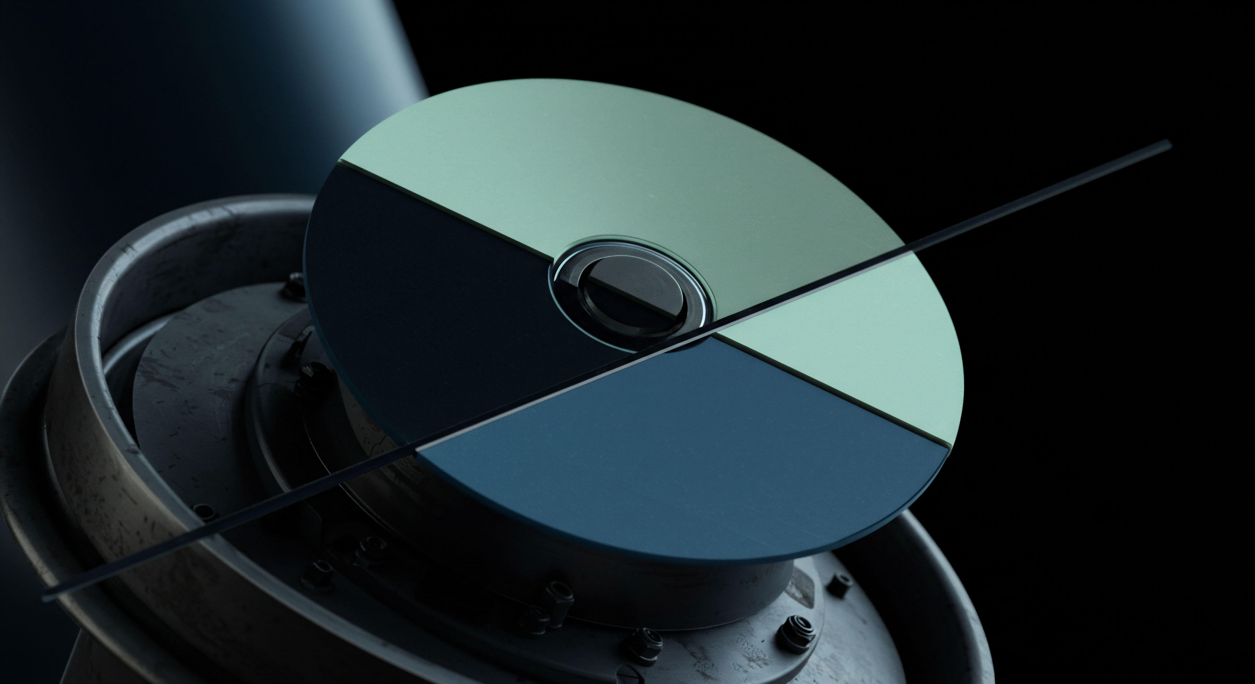 A tripartite, sector-divided circular apparatus suggests a complex computational construct, perhaps representing volatility partitioning within a decentralized finance platform. The metallic armature below implies robust infrastructure foundational to high-frequency execution of exotic derivatives. Key segments display distinct chromatic values possibly signifying differing strike price buckets or implied volatility regimes influencing derivative pricing models like Black Scholes adaptations for decentralized exchanges DEXs. A thin linear element traverses the disk, symbolizing a reference point like the current spot price or a delta hedge trajectory across a liquidity pool or order book depth visualization related to perpetual futures contract expiration windows. This structure encapsulates concepts of implied move forecasting and risk parity allocation within DeFi options protocols managing underlying asset collateralization ratios.