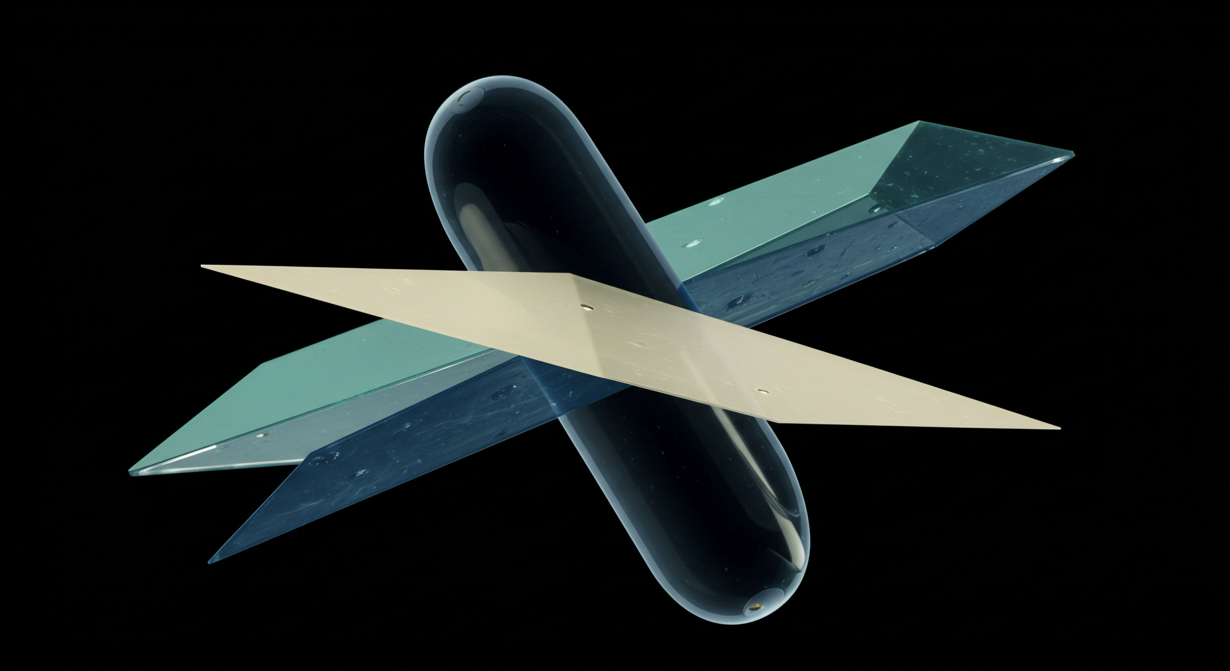 This abstract composition features a central, dark, elongated ellipsoid intersecting four planar, sharp-edged geometrical forms resembling blades or wings, set against absolute black. The intersecting planes exhibit subtle color variations from pale cream to deep cyan-teal, suggesting stratification or material differentiation. This structure conceptually models the complex intersection of crypto asset volatility with structured financial engineering. It evokes the overlapping risk layers inherent in sophisticated option payoff diagrams, perhaps representing synthetic perpetual contract settlement mechanisms or segregated asset pools within a cross-chain collateralized debt position. The dark central form suggests a core asset or underlying, while the surrounding planes denote various option strikes and expiration vectors dictating margin requirements and collateralization ratios across DeFi protocols demanding robust oracle price feeds for accurate Mark Price determination. The sharp edges symbolize counterparty risk exposure during high slippage events.